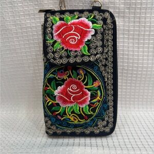 Embroidered Floral Black Wallet